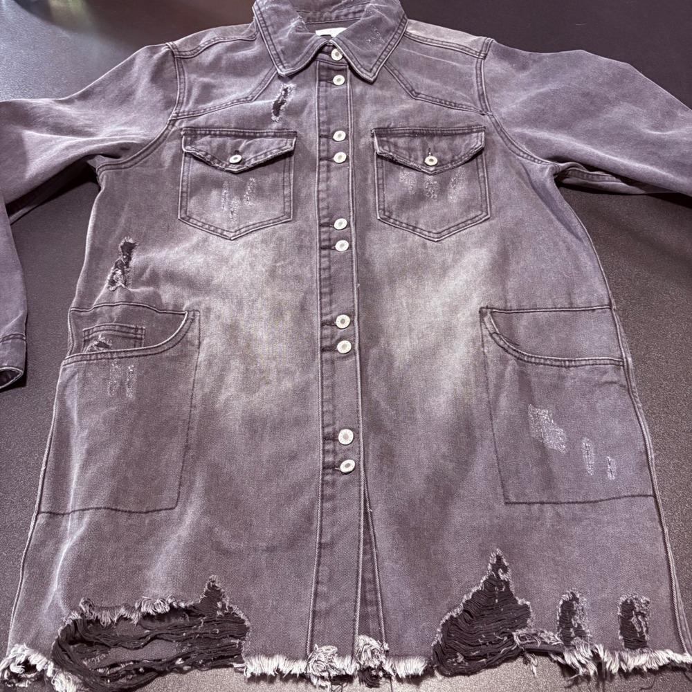 boutique distressed denim shirt jacket black grunge whimsigoth goth large